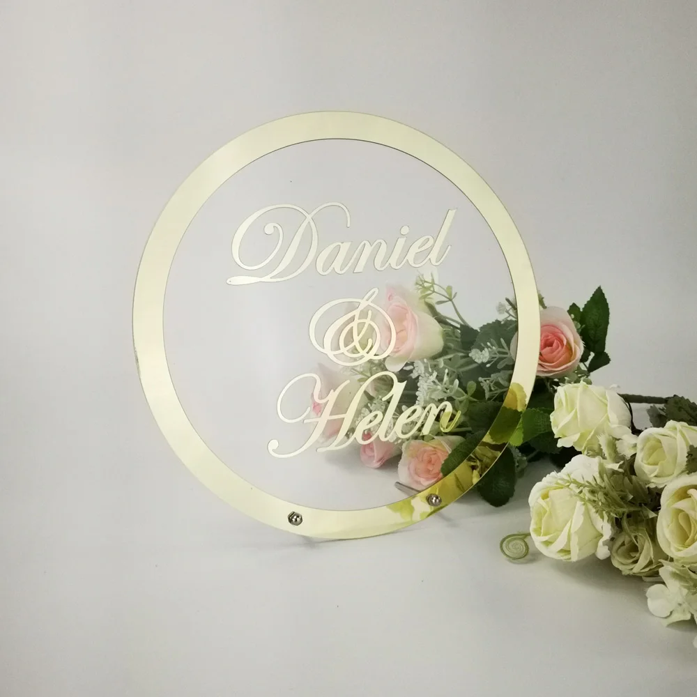 Custom Wedding Name sign Round Frame Mirror Acrylic Sticker Babyshower Word Sign Circle Shape Party Decor, as Guests Favor Gift (2)