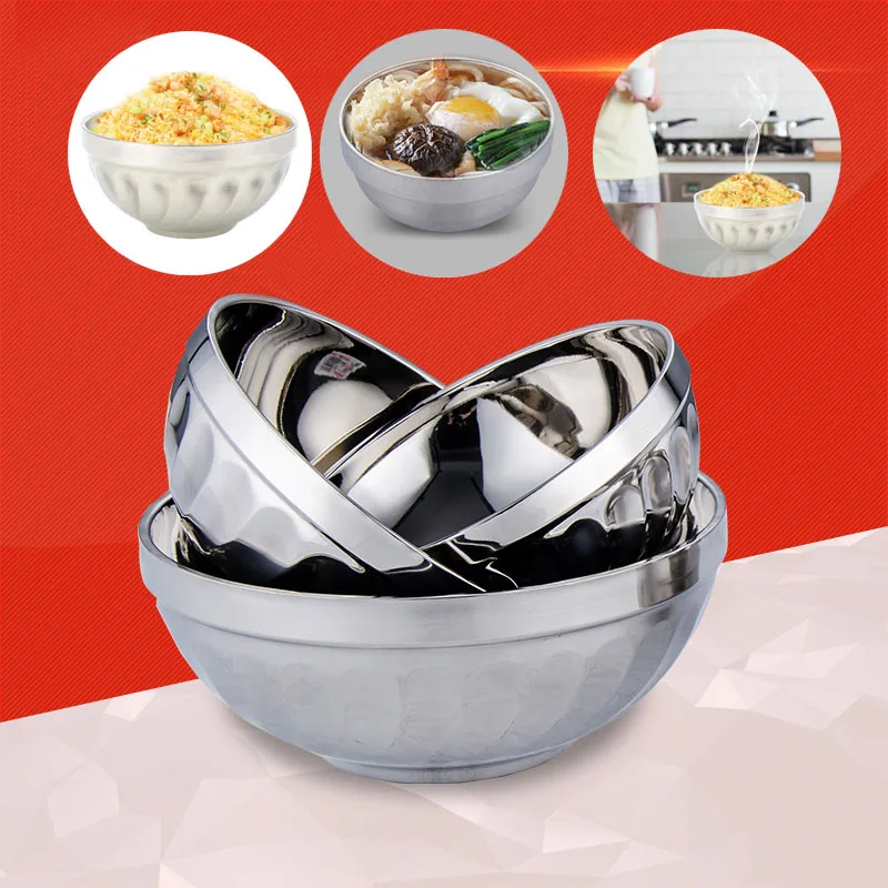 Stainless Steel Bowls Silver Color Kitchen Dual-Layers Double-Deck Rice Food Storage Utensil Dinnerware Container