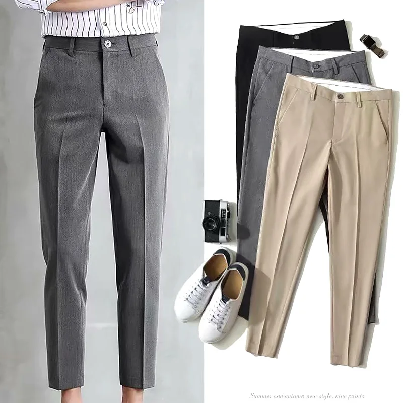 Pantalones de traje para hombre, Pantalón recto ajustado de moda, de negocios, con bolsillos, color negro y gris puro, novedad de 2021