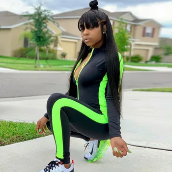 

Sporty Neon Striped Green Orange Jumpsuit Womens Long Sleeve Zipper Front Skinny Jumpsuit Fitness Tight Rompers Overalls