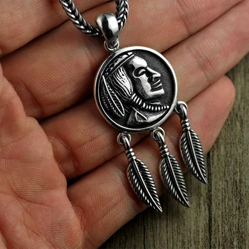 

Real 925 Sterling Silver color Indian Pendant Round Flat Feather Vintage Punk Thai Silver color Men Women Pendants Jewelry Gifts