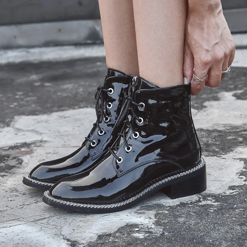 

YMECHIC 2019 Black Chain Cow Patent Leather Ankle Boots for Women Round Toe Chunky Heels Autumn Winter Shoes Women Size 33-43