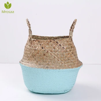 

Wicker Rattan Seagrass Belly Garden Flower Pots Planter Bamboo Baskets Handmade Storage Baskets Foldable Laundry Straw Patchwork