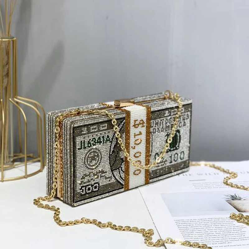 Women Clutch Bags Elegant Evening Dinner Purses Dollar Pattern Box Bags Luxury Wedding Dinner Purses Handbags Shine Rhinestone