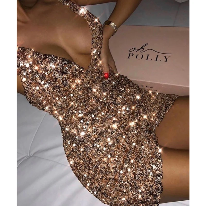 

Gold Metal Sequined Mini Dress Spaghetti Strap Deep V Neck Backless Criss Cross Bandage Vestido Night Club Sexy Mini Dresses