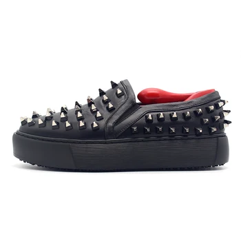 

Gothic Runway Rivets Mens Cowhide Real Leather Shoes Studded Thick Platform Moccasin Slip On Loafers Plus Size High Street Shoes