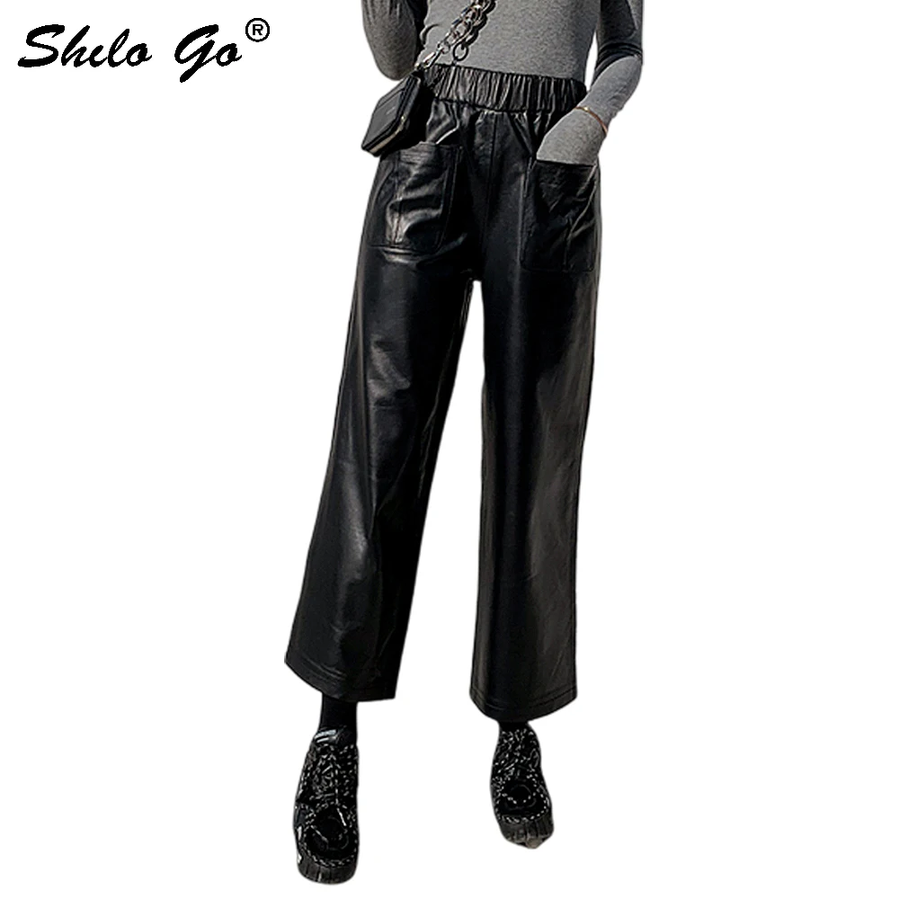 

Genuine Leather Pants Minimalist Casual Elastic Waist Pocket Sheepskin Wide Leg Pants Women Autumn Winter High Waist Trousers