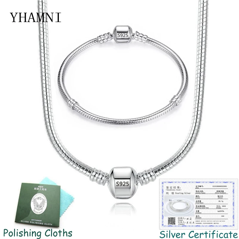 YHAMNI с сертификатом серебро 925-й пробы 3 мм змеиные Кости Шарм ожерелье и браслет Набор DIY набор украшений для женщин PT005