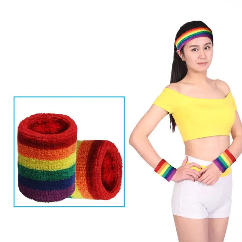 

Unisex Sports Workout Rainbow Striped Headband Wristband Towel Sweatband Breathable Bracers Running Badminton Support Wrap X5XC
