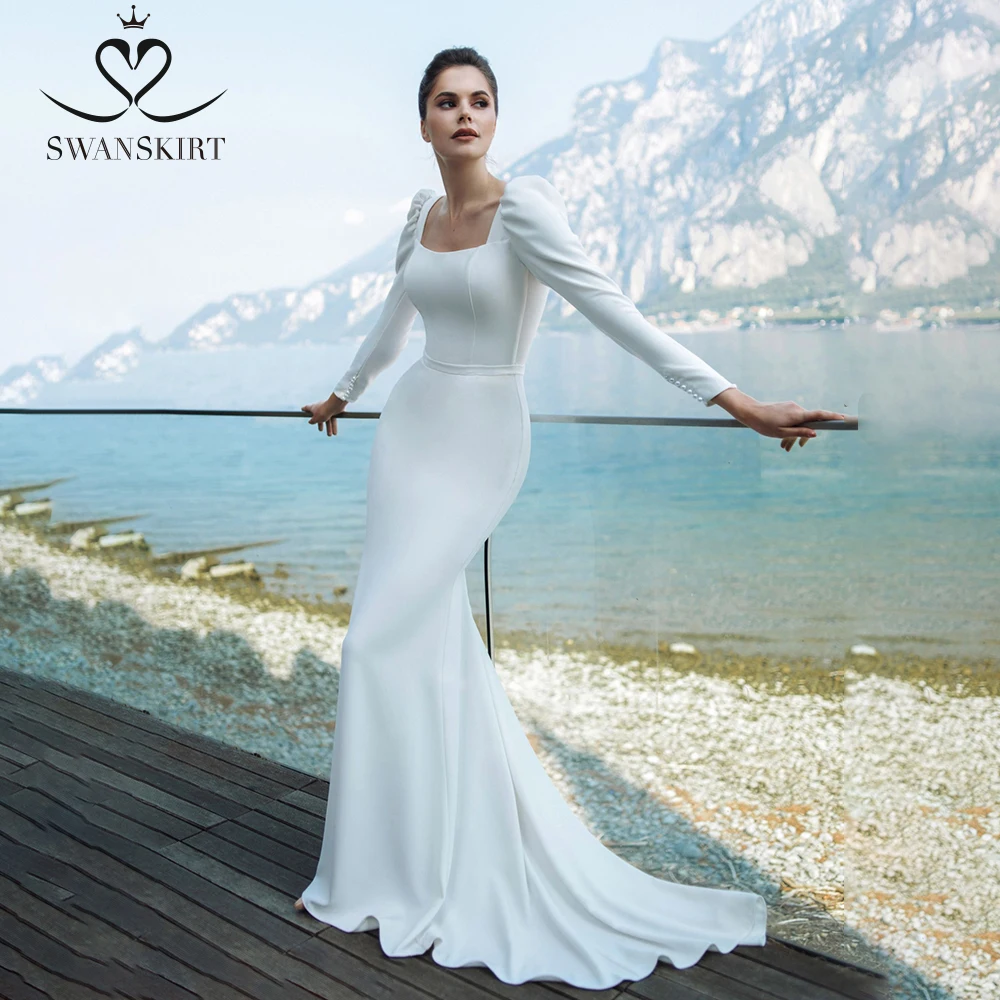 Свадебное платье Русалка квадратным воротником и длинным рукавом атласная Vestido De