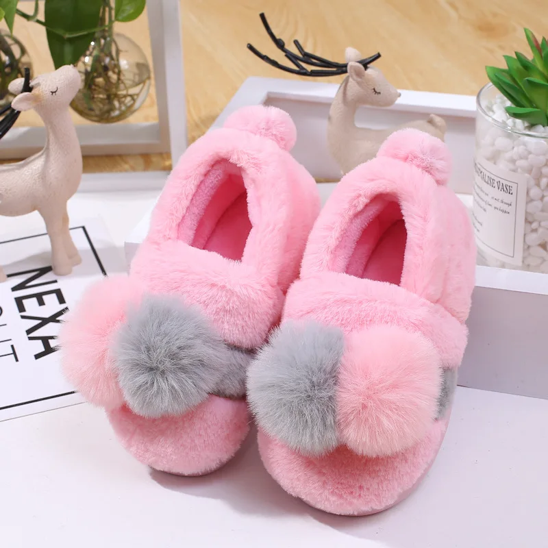 

2018 Hot Selling Winter Cute Cartoon Kids Furry Ball quan bao gen Cotton Slippers Men And Women Baby CHILDREN'S Shoes Anti-slip