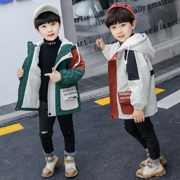 

Children with velvet coat boys winter cotton - padded thanks girl brim with thick dust coat han edition