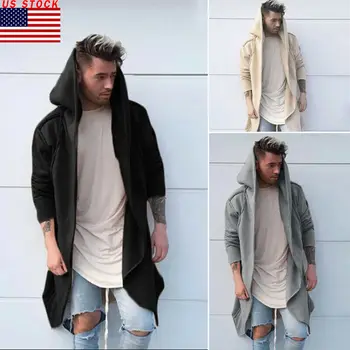 

New Fashion Men Cardigan Hooded Long Cloak Cape Coat Jacket Solid Trench Overcoat Outwear