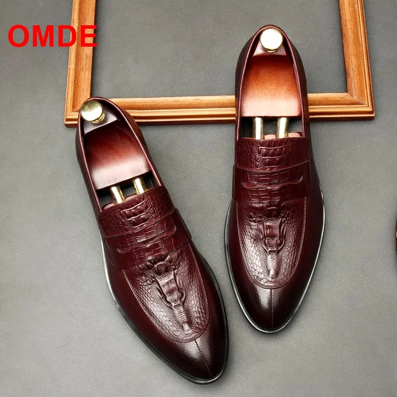 

OMDE Italy Men Shoes Genuine Leather Crocodile Pattern Penny Loafers Slip On Dress Shoes Men's Party And Wedding Shoes