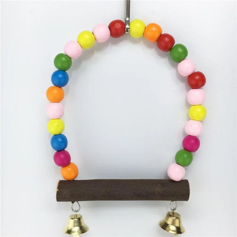 Parrot Toy 1PC Natural Wooden Parrots Swing Toy Birds Colorful Beads Bird Supplies Bells Toys Perch Hanging Swings Cage for Pets