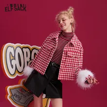 ELFSACK, красное, в клетку, с карманами, прямое, однобортное, элегантное, шерстяное пальто для женщин, зима, с плюшевыми рукавами, винтажная, офисная, женская верхняя одежда