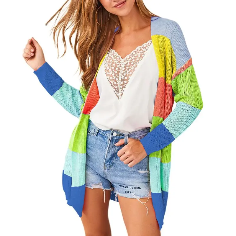 

Womens Long Sleeve Open Front Cardigan Rainbow Colorful Stripes Patchwork Casual Loose Drape Knitwear Sweater Coat With Pockets