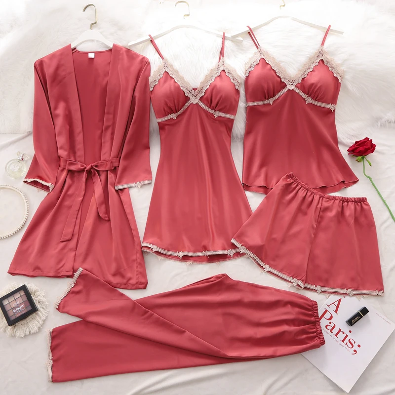 New Women Sexy Pajamas 5pcs Satin Sleepwear Pijama Lace Home Wear ...