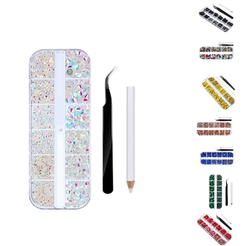 

Flat Back Gems Round Crystal Rhinestones with Tweezer and Picking Pen for Crafts Nail Art DIY