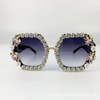 

Brand Design Handmade Rhinestone Square Sunglasses Fashion Glasses Women Flower with Pearl Round Vintage Sunglasses Beach Party