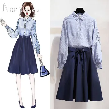

2020 Long Sleeve Lapel Stripe Women Blouse And Skirt Women Sets Spring Female Sets