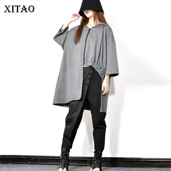 

XITAO Irregular Length Zipper Casual Grey T Shirt Women 2019 Autumn Korean New Style Hooded Collar Three Quarter Sleeve ZLL4329