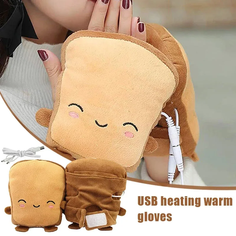 USB Cute Hand Warmers Gloves for Typing Warmer Heated Gloves for Women Fingerless Cute Toast Shape Winter Gloves