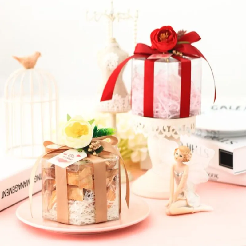 10pcs11.5x6.5x9cm DIY 2cm ribbons hexagon shape four colors wedding transparent box flower cute creative packaging chocolate | Дом и сад