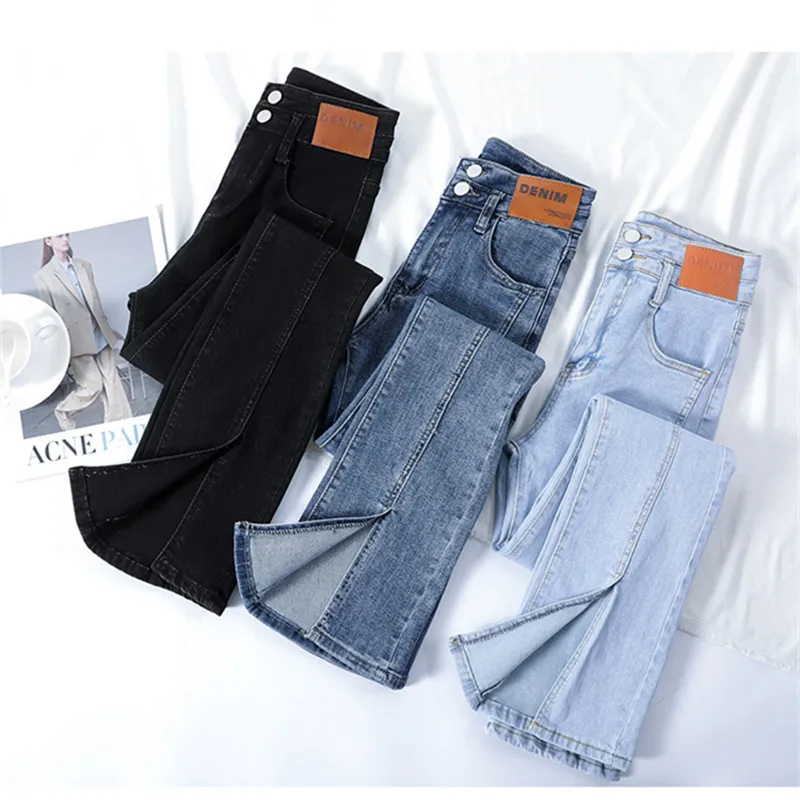 

High Waist 2022 Spring Split Jeans Women Stretch Flare Denim Pants Labeling Fall Chic Ladies Skinny Floor-Length Trouser 0814