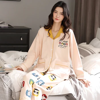 

Women Sleepwear Plus Size 3XL Loose Version Pajamas Lapel Spring Fall Pyjamas Cartoon Nighty Long Sleeve THIN Cotton Nightgown