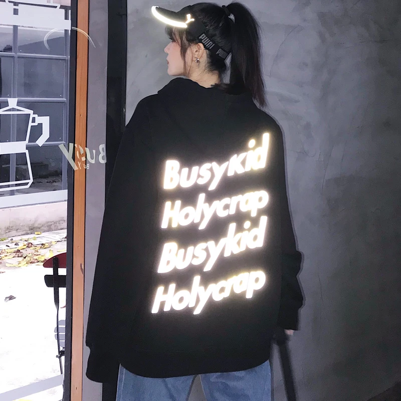 Harajuku Reflective Women Hoodie letter print Winter fashion Solid color hip-hop streetwear night shiny pullovers clothes
