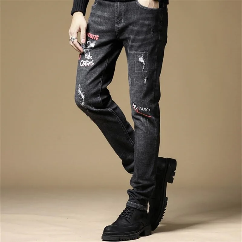 

Japan and Korean Style Jeans Men Cotton Black Ripped Slim Fit Denim Pants High Quality Men Jeans Free shipping #5506-1