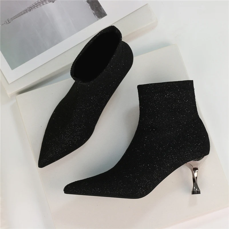 

2020 Winter Spring Sparkly Sock Boots Low High Heel Ankle Boots Luxury Women Desiger Glitter Short Boots Plus Size Party Shoes