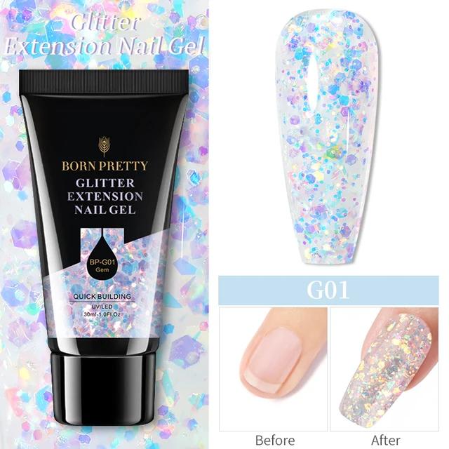 BORN PRETTY 30/20ml Glitter Acrylic Gel Finger Extension Silver Pink Extension Gel Soak Off Nail Art Gel Varnish G01