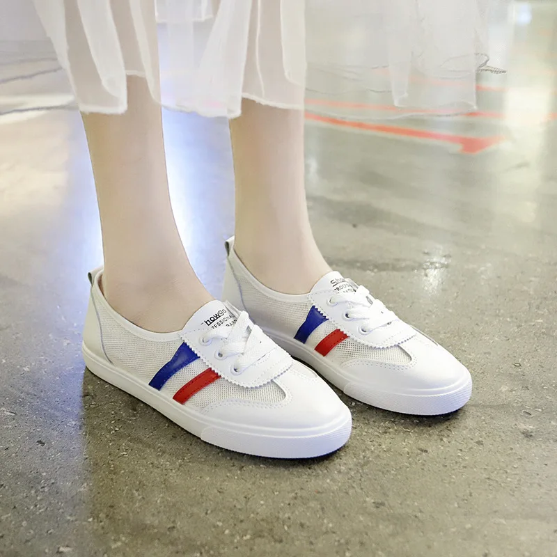 

2019 Summer Breathable White Shoes Women's Low-Cut Mesh Casual Canvas Shoes Versatile Flat Hollow out Velcro Students