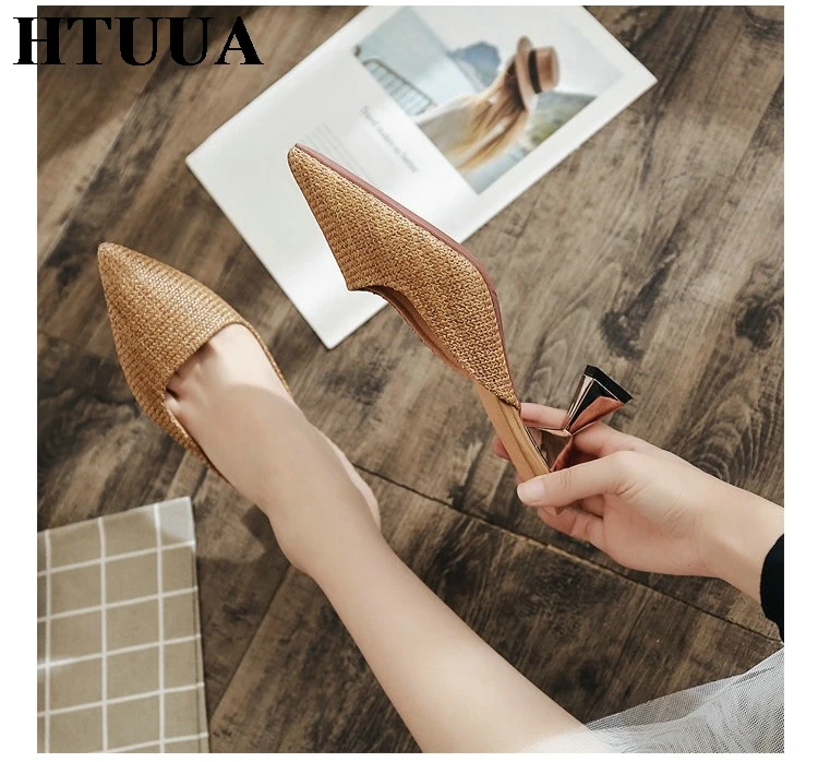 HTUUA/Дизайнерские шлепанцы; женские плетеные мюли; Mujer; Новинка года; Летняя обувь; женские шлепанцы на высоком каблуке с острым носком; SX2513