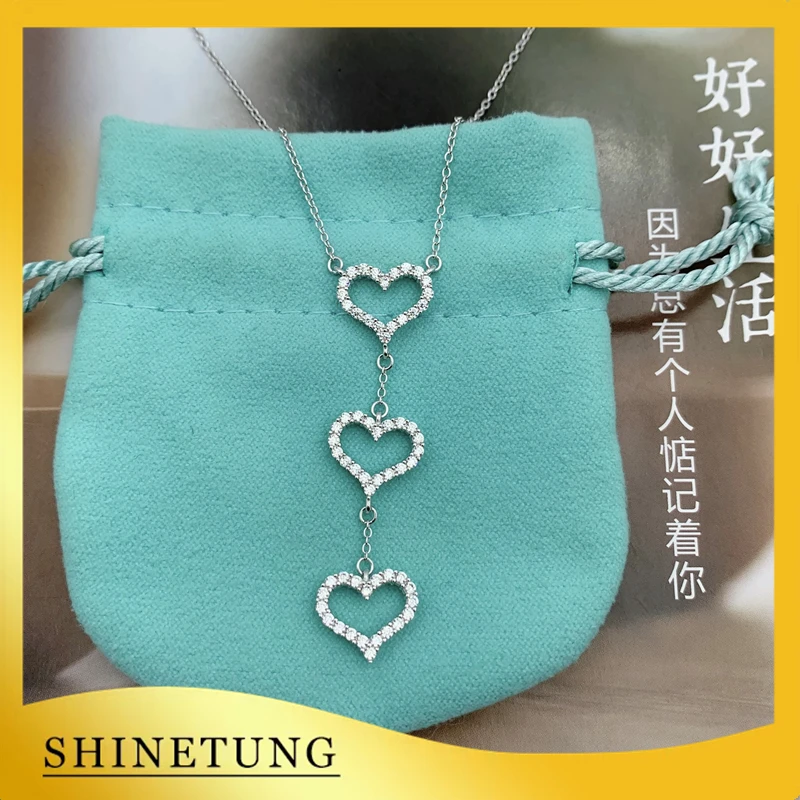 

1: 1 Original Model S925 Sterling Silver Necklace Classic Fashion Three Heart Zircon Necklace Ladies LOGO Jewelry Birthday Gift