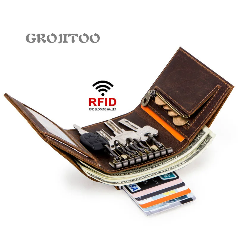

GROJITOO Crazy Horse cowhide Tide men's wallet multi-functional RFID automatic card box short coin male wanllet