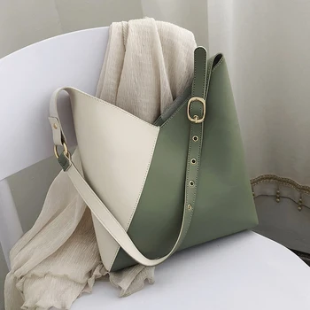 

Splicing Contrast PU Leather Bucket Bags For Women 2020 Summer Crossbody Bags Lady Shoulder Messenger Bag Female Travel Handbags