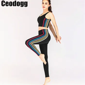 

Thick Winter 2Pcs Women Stripe Yoga Set Sport Bras Suit Workout Sportswear Gym Fitness Outfit Suit Activewear