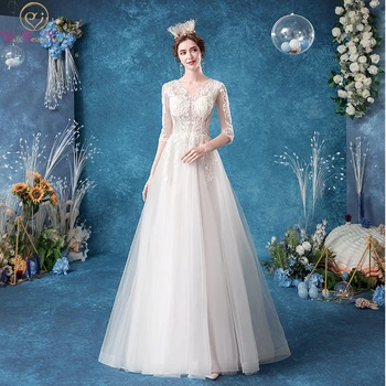 

Simple Wedding Dresses 2020 Elegant Long Lace Three Quarter Sleeves A Line Floor Length Tulle V Neck Princess Bridal Gowns Cheap
