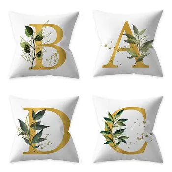 

26 Gold Letters Throw Pillow Case Alphabet Green Leaf Peach Velvet Cushion Cover