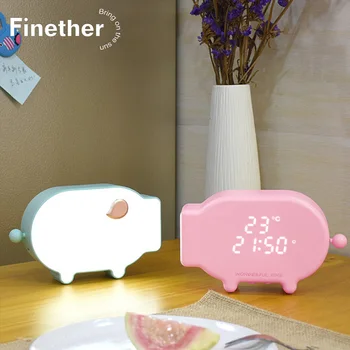 

Cartoon Pig Snooze Clock USB Rechargeable Sound and Light Control Thermometer Time Alarm Night Light