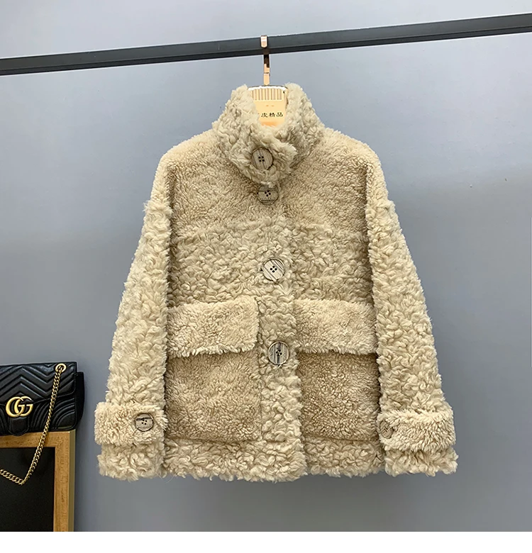 Sheep Sheared Jackets Winter Women Female Real Lamb Fur Single Breasted Coat New Calorie Roll Stand Collar Streetwear