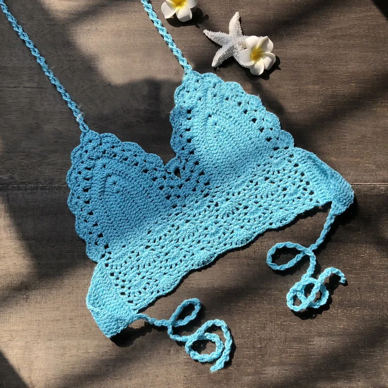 Женский вязаный кружевной бюстгальтер с открытой спиной Boho пляжный бикини с бретельками на бретелях укороченный топ