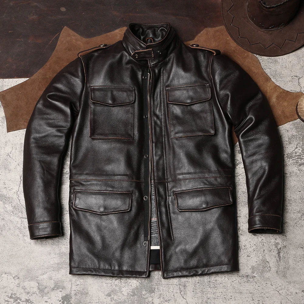 mens sheepskin flying jacket 2022 Brown Safari Style Genuine Leather Jacket Men Four Pockets Plus Size 4XL Real Natural Cowhide Autumn M65 Coat sheepskin jacket