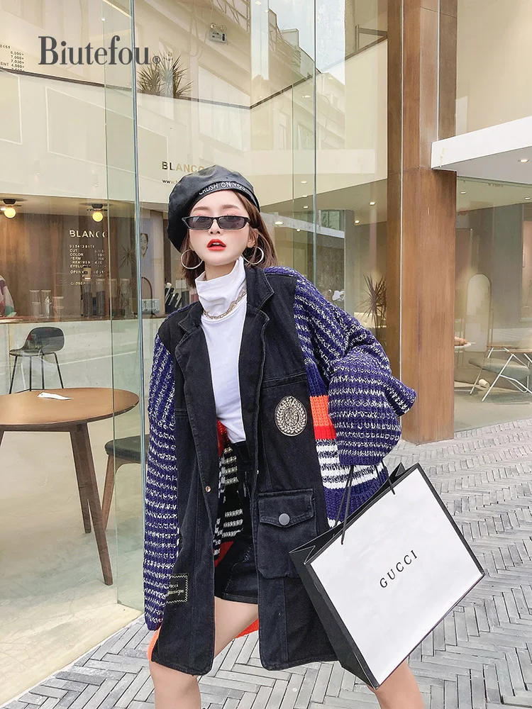 

2020 Winter Women Long Rainbow Stripes Thick Denim Knitted Coats
