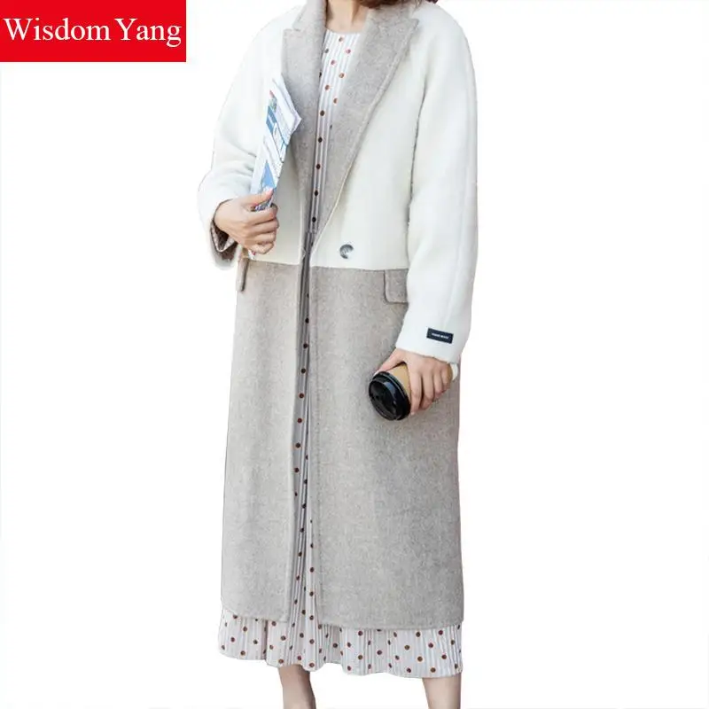 Зимнее теплое Женское пальто из натуральной овечьей шерсти пальто кашемировое серое элегантное свободное шерстяное длинное корейское пальто оверсайз