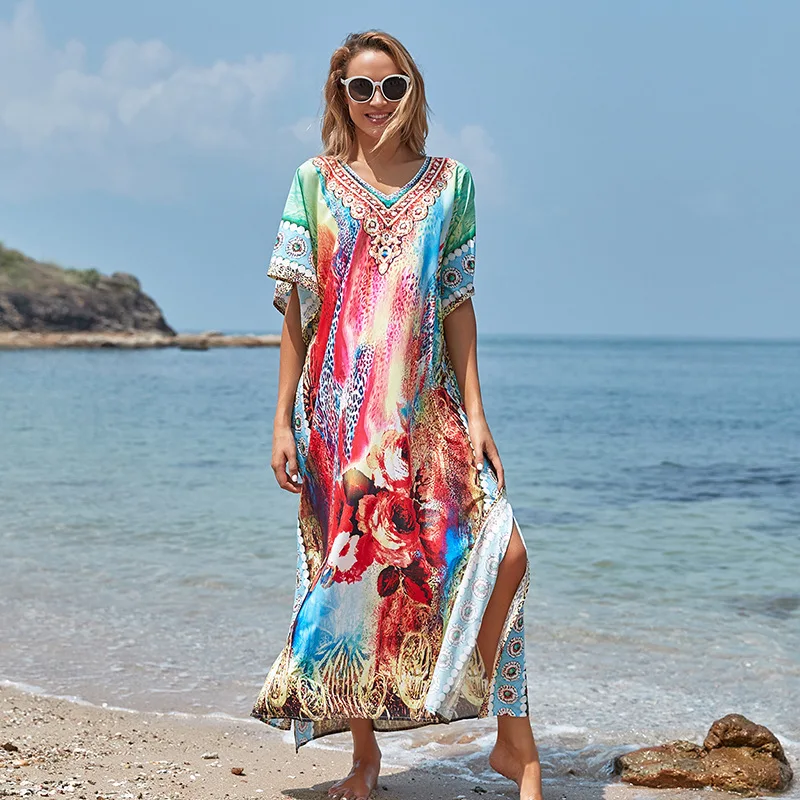 

Boho Print Polyester Beach Cover Up Bathing Suit for Women Pareo Beach Swim Cover Up Saida De Praia Robe Plage Beach Dress