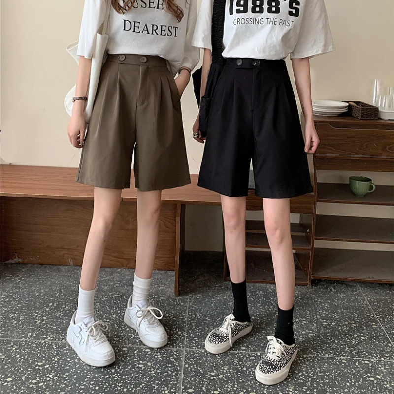2023 New Fashion Suit Shorts Loose Casual Straight High Waist Shorts with Front Pleats Thin Streetwear Summer Clothes for Women